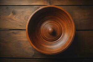 Empty wooden bowl on wooden background. Top view. Copy space. ai generative photo
