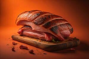 Raw beef sirloin steak with ingredients for cooking on wooden background. ai generative photo