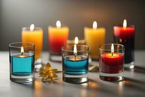 Burning candles in glasses on wooden table, closeup. Space for text. ai generative photo