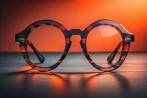 Stylish glasses on wooden table. Fashionable eyeglasses. ai generative photo