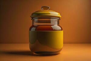 Jar of honey with solid colour background. ai generative photo