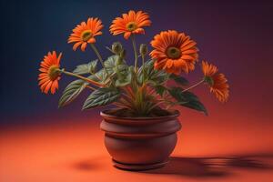 Flowers in a pot on a solid color background. ai generative photo
