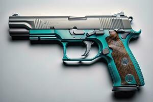 Semi-automatic handgun on a solid color background. Close-up. ai generative photo