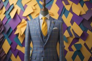 Stylish suits on mannequins on solid color background, closeup. ai generative photo