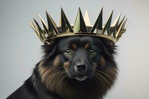 Portrait of a cute dog in a golden crown on a solid color background. ai generative photo