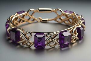 Jewelry Bracelet with precious stones on a gray background. Studio shot. ai generative photo