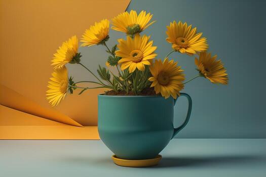 Flowers in a pot on a solid color background. ai generative photo