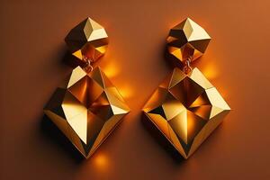 Earrings made of gold on a solid color background close up. ai generative photo