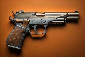 Semi-automatic handgun on a solid color background. Close-up. ai generative photo