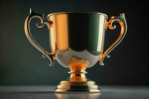 Golden trophy cup on wooden table. Award concept. ai generative photo