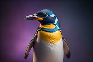 Cute penguin standing in front of solid color background. ai generative photo