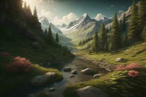 Beautiful fantasy landscape with a river in the mountains. ai generative photo