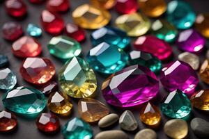 Colorful gemstones on black wooden table, close-up. ai generative photo