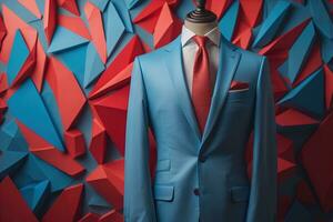 Stylish suits on mannequins on solid color background, closeup. ai generative photo