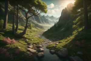 Beautiful fantasy landscape with a river in the mountains. ai generative photo