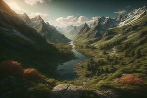 Beautiful fantasy landscape with a river in the mountains. ai generative photo