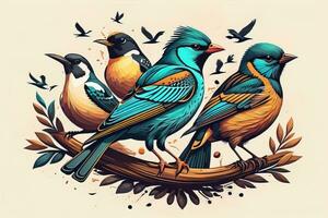 Vector illustration of a group of colorful birds sitting on a branch. ai generative photo