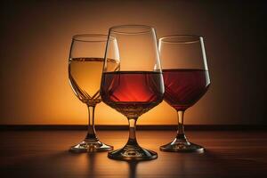 Wine glasses on a wooden table against the background. ai generative photo