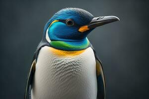 Cute penguin standing in front of solid color background. ai generative photo