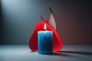 Burning aroma candle on wooden table against solid color background, copyspace. ai generative photo