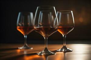 Wine glasses on a wooden table against the background. ai generative photo