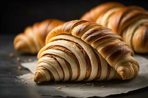 recién horneado croissants en un de madera mesa, cerca arriba. ai generativo foto