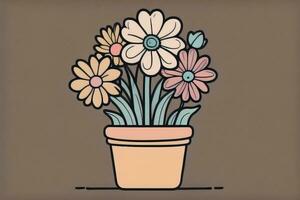 Illustration of a flowerpot with pink and blue flowers on a gray background. ai generative photo