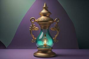 Lantern on a wooden table and a dark background. ai generative photo