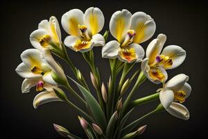 ramo de flores de azafrán y tulipanes en sólido color antecedentes. ai generativo foto