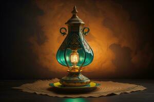 Lantern on a wooden table and a dark background. ai generative photo