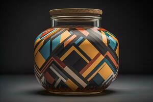 Glass vase with geometric pattern on dark background. Ai generative photo