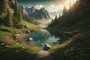 Beautiful fantasy landscape with a river in the mountains. ai generative photo
