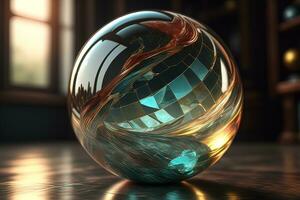 Transparent crystal ball on a wooden table. ai generative photo