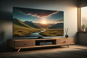 televisión en el de madera gabinete en moderno vivo habitación. ai generativo foto