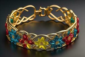 Jewelry Bracelet with precious stones on a gray background. Studio shot. ai generative photo