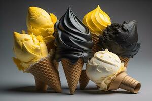 Ice cream in waffle cone on blue background, top view, flat lay. ai generative photo