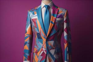 Stylish suits on mannequins on solid color background, closeup. ai generative photo