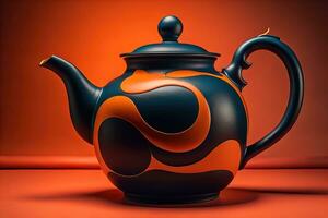 A ceramic teapot on a colid color background. ai generative photo