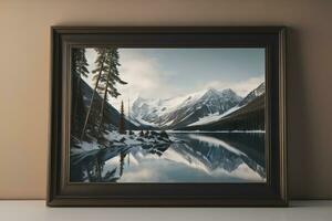 Glass picture frame on a solid color background. ai generative photo