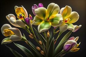 Bouquet of crocus and tulips on solid color background. ai generative photo