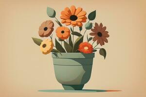 Flowerpot with daisies. Vector illustration in retro style. ai generative photo