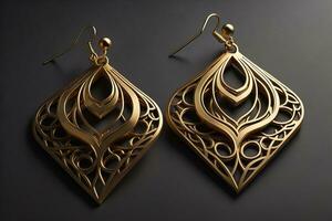 Earrings made of gold on a solid color background close up. ai generative photo