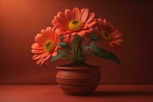 Flowers in a pot on a solid color background. ai generative photo