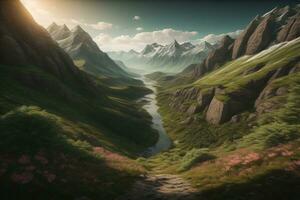 Beautiful fantasy landscape with a river in the mountains. ai generative photo