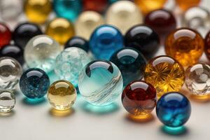 Colorful glass marbles on a the table. Selective focus. ai generative photo