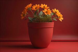 Flowers in a pot on a solid color background. ai generative photo