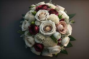 Beautiful bridal bouquet of different flowers on a dark background. ai generative photo