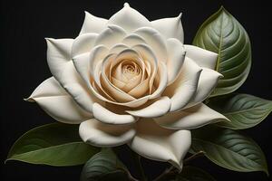 White rose with green leaves on a solid color background, top view. ai generative photo