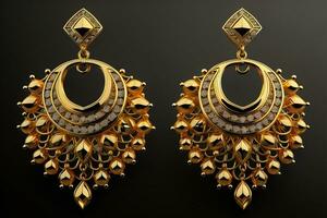 Earrings made of gold on a solid color background close up. ai generative photo