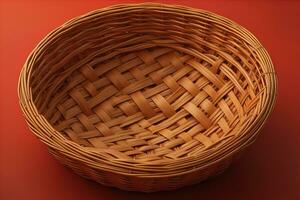 Empty wicker basket on a solid color background. ai generative photo